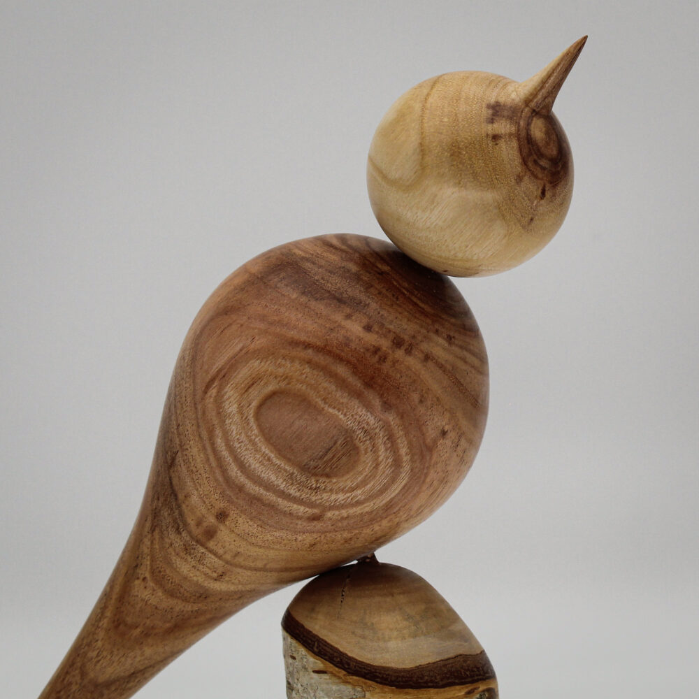 Oiseau décoratif en bois d'albizia et d'if sur son socle en bois de bouleau gros plan sur la tête et le haut du corps