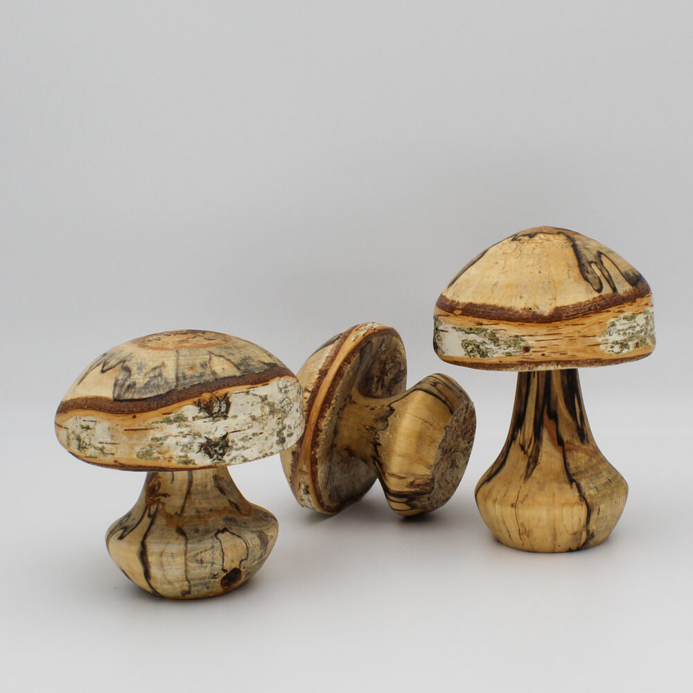 Trio de champignons décoratifs en bois de bouleau échauffé vue de coté un champignon renversé