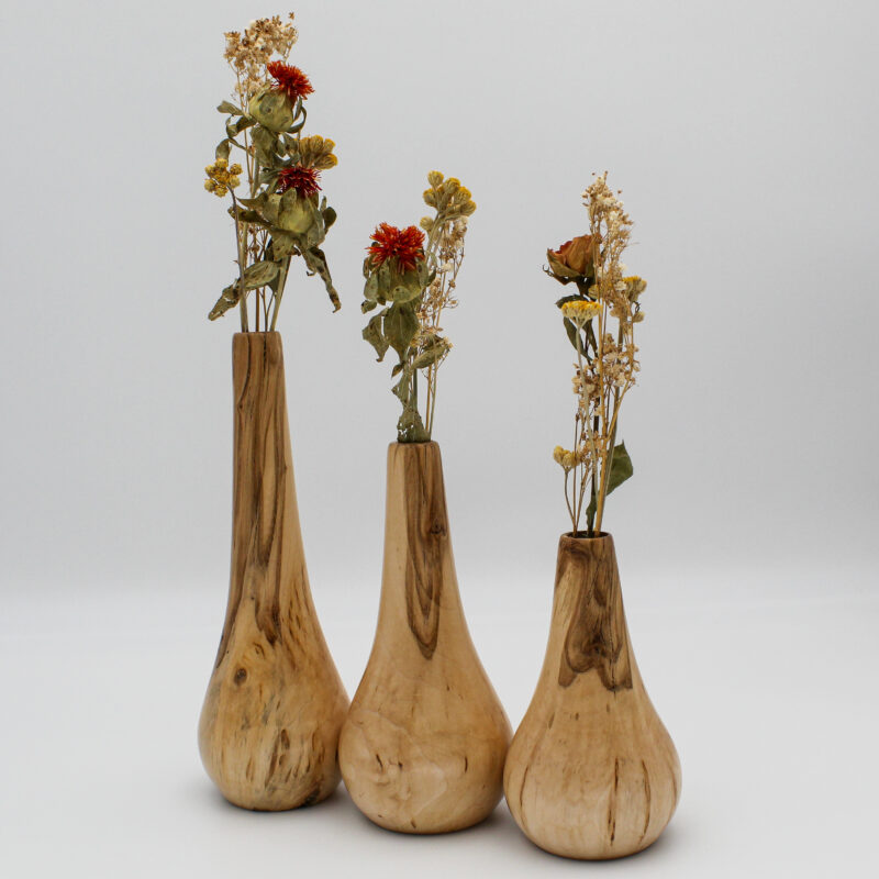 Trio de soliflores en bois de bouleau madré avec fleurs séchées