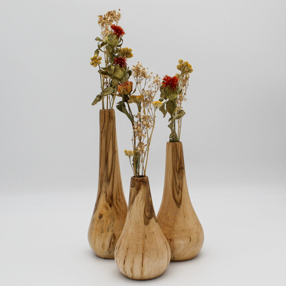 Trio de soliflores en bois de bouleau madré avec fleurs séchées